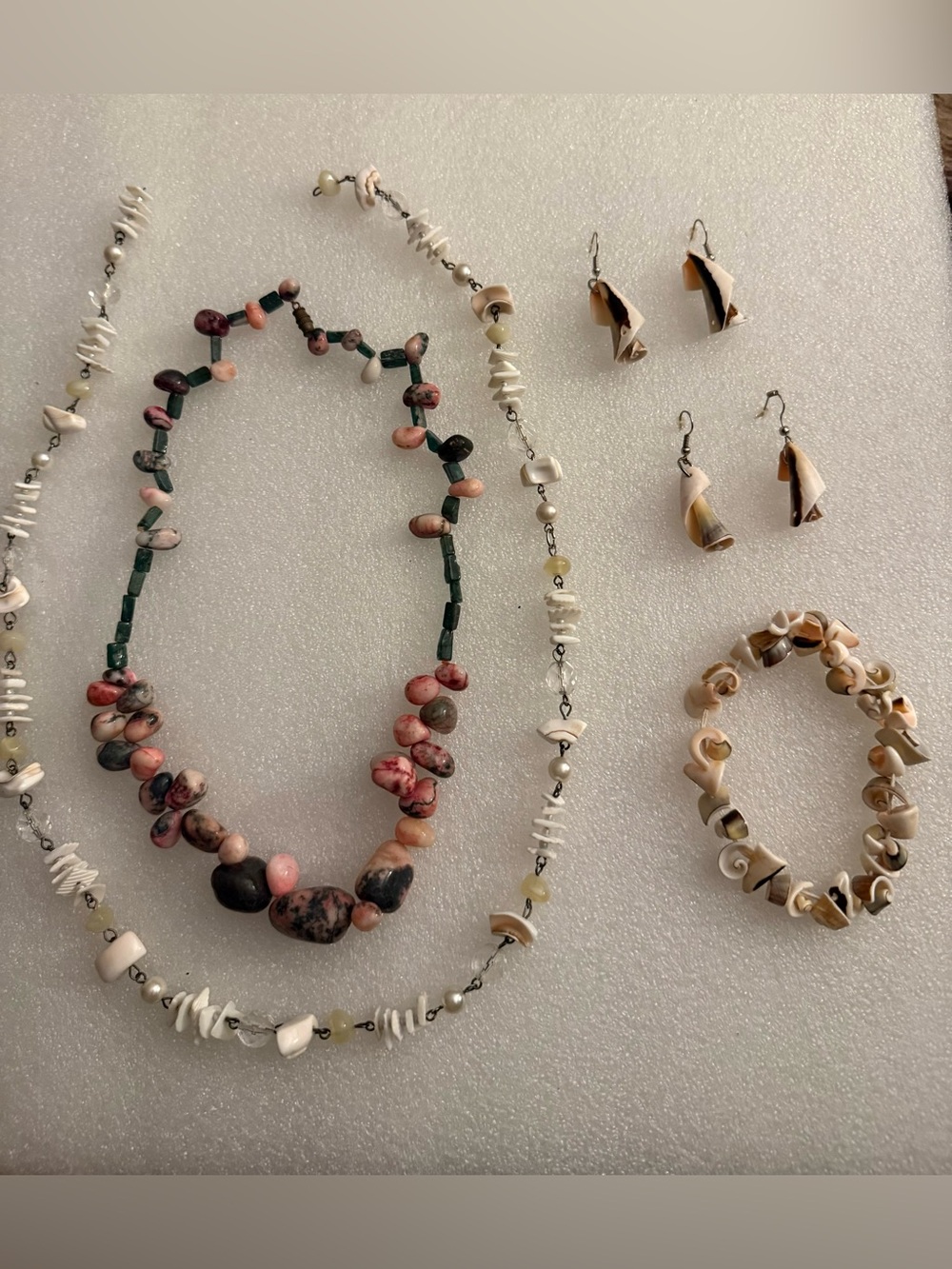Boho Beach Jewelry Bundle: Rhodochrosite Style Stones & Sea Shell Set